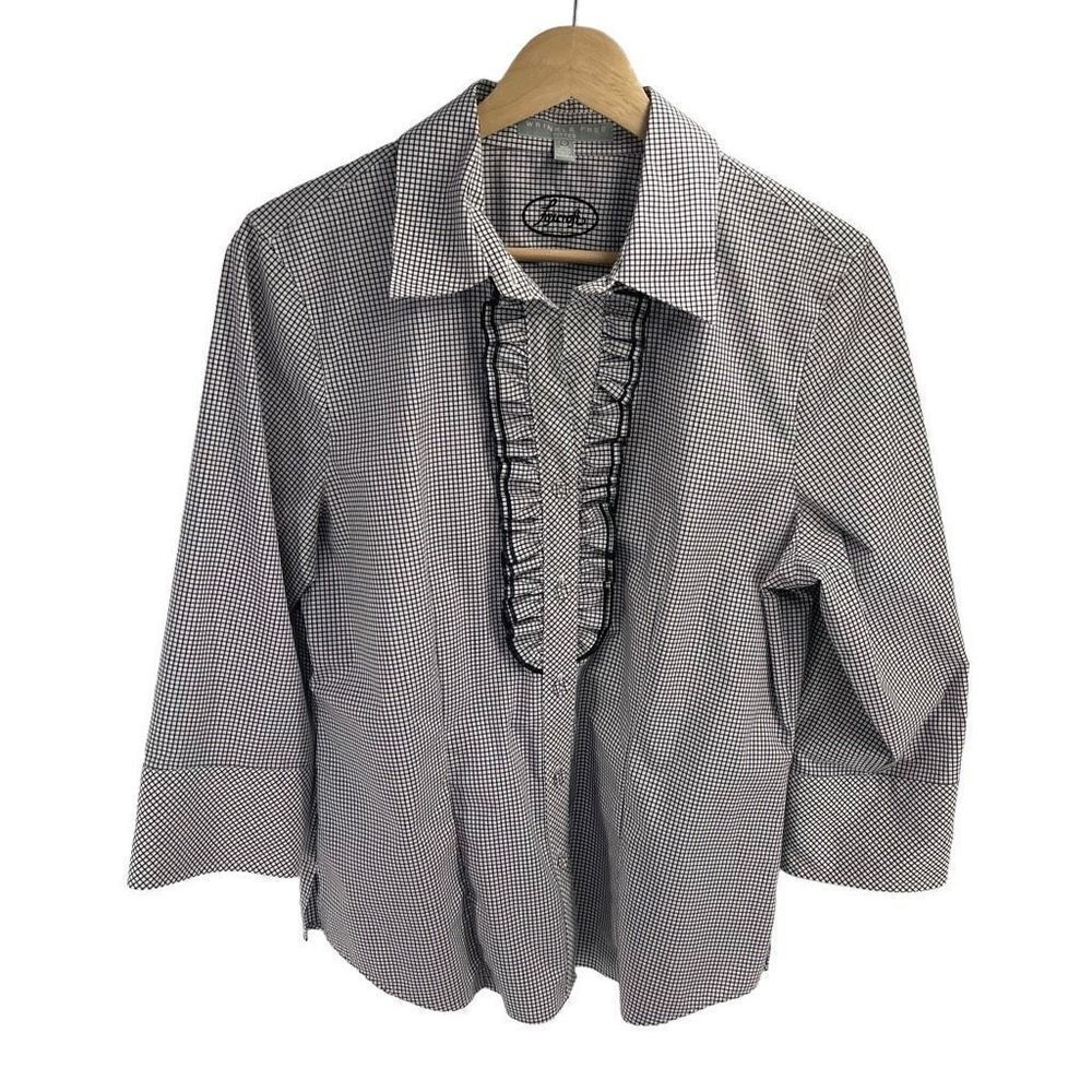 Foxcroft Wrinkle Free checkered Fitted Plaid Button Down Ruffle Blouse Size 10